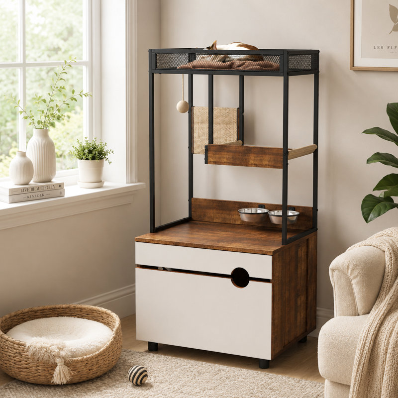 Armoire pour arbre à chat en bois aggloméré, 23,8 x 14,5 x 48,7 pouces, avec planche à gratter, brun