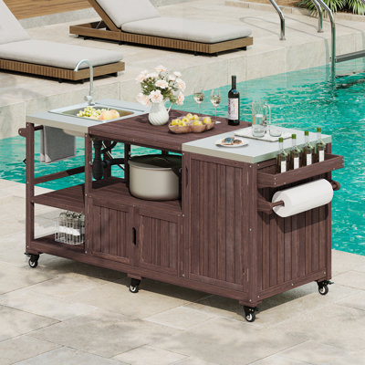 Outdoor Kitchen Island With Sink And Stainless Steel Top, Perfect For Pizza Prep, BBQ, And Entertaining, Solid Wood Grill Cart For XL Green Egg Grills