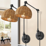 Adjustable Swing Arm Wall Sconce With Rattan Shades, Set Of 2