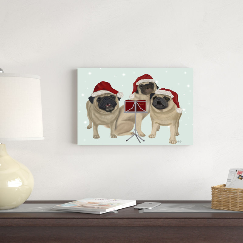 «Christmas Pug Trio Carolling» par Fab Funky - impression sur toile tendue, H 12 po x l 18 po