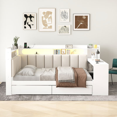 Full Upholstered Daybed With Desk, Charging Station And Storage
