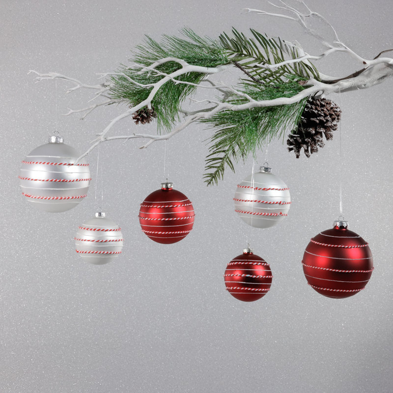 Boules en verre mat avec corde blanche et rouge, ensemble de 6, Rouge, H 4 po x l 4 po x P 4 po