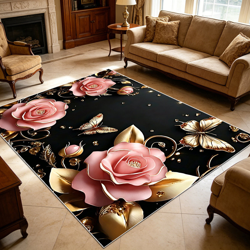 1PC Vintage Pink Rose Gold Butterfly Floral Dark Aesthetic Printed area rugs for Living Room, Soft and Comfortable, Suitable for all seasons, easy-to-maintain, machine washable Indoor floor mat, Under Table Farmhouse suitable for dining room,