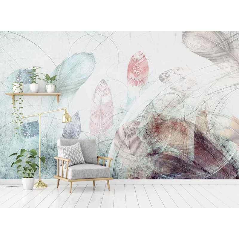 Soft Feathers Abstract Line Drawing Removable Textile Wallpaper, 49”L x 75”W