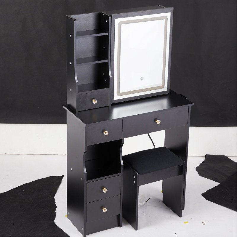 29.2" Small Size Left Drawer Desktop Vanity Table + Cushioned Stool, Large Sliding, Touch Control, Tri-Color Switching, Brightness Adjust LED Mirror, High Capacity Storage, Suitable For Small Space