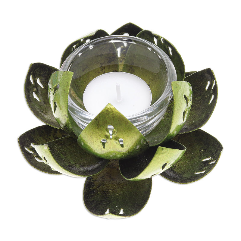 Bungalow Rose Handmade Precious Lotus In Light Green Steel Tealight Holder