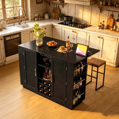 47.2" Foldable Top Counter Height Table Combo, Built-In Power Outlet, Integrated Sideboard, Buffet And Bar Cabinet, Comes With Wine Rack & Glass Holder, 2-Door Closed Storage Cabinet, Suitable For Dining Room, Chairs Not Included