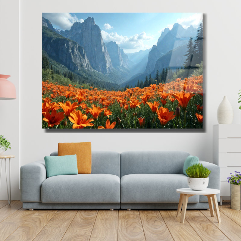 Art mural en verre trempé orange avec coquelicots - paysage du parc national de Yosemite, H 24 po x l 36 po