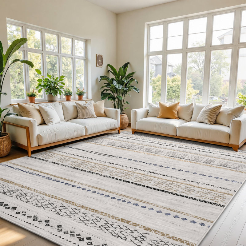 Tapis à rayures Bohemian, Beige / Charcoal, Rectangle 6' x 9'