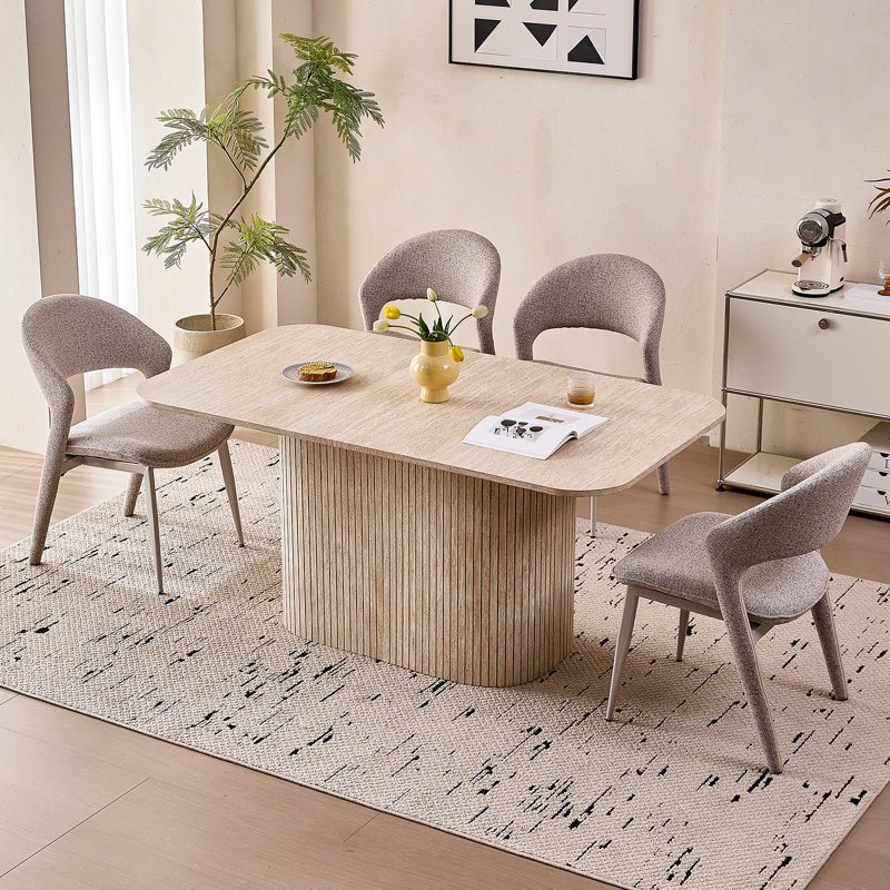 Grande table à manger rectangulaire de 160 cm pour 4 personnes, de style moderne, en bois, avec pied central rainuré.