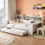 Lit de jour simple en bois avec tablettes de rangement, lit multifonctionnel avec lit gigogne et bureau, blanc antique
