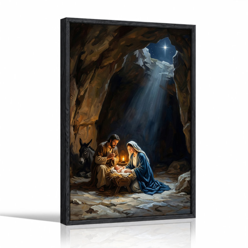 Crèche de Noël dans une grotte avec toile de Noël lumineuse, H 48 po x l 36 po