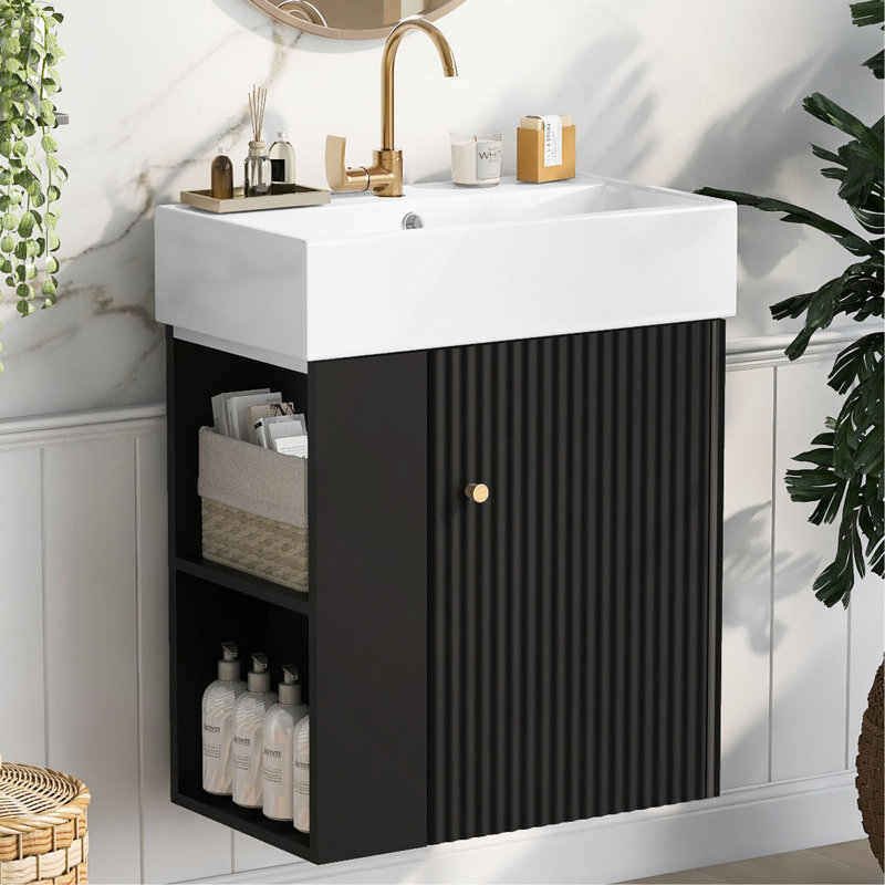 Meuble-lavabo moderne avec lavabo en céramique et porte à motif de vagues, Noir