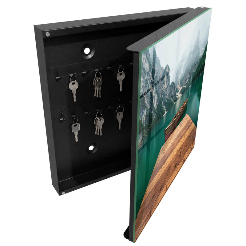 Key cabinet for wall, Opens to the right, 30x30x5, Black, A mountain lake and a boat surrounded by peaks, 