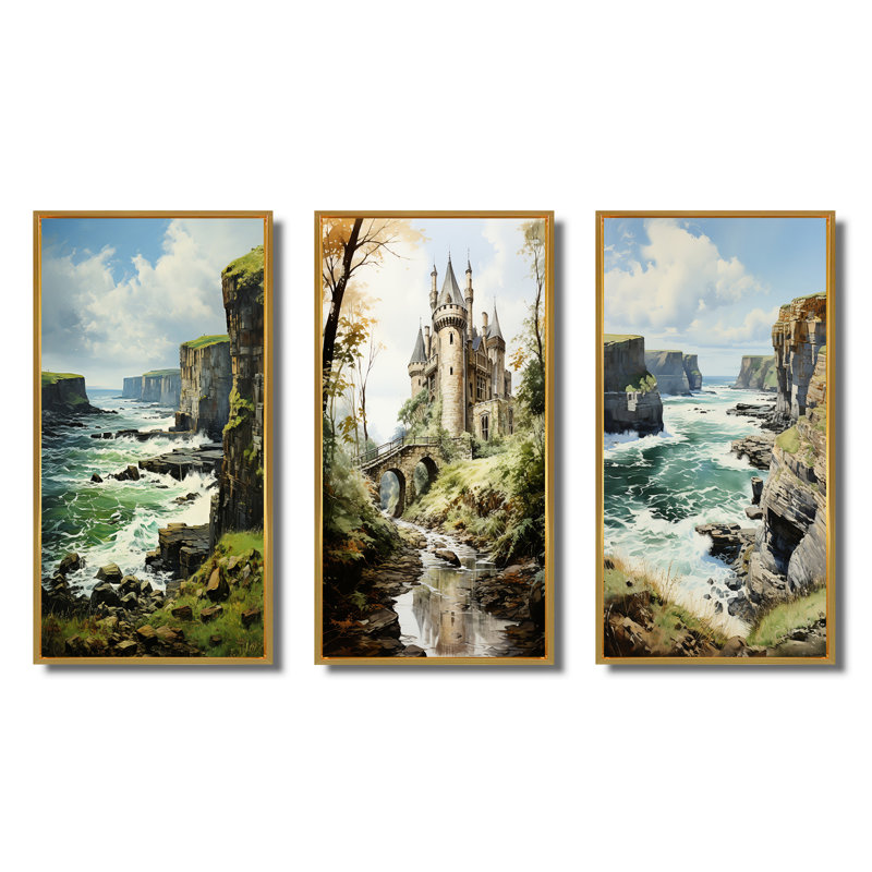 «England Majestic Cliffsengland Landscape», 3 pièces sur toile, Encadrement doré, H 28 po x l 36 po