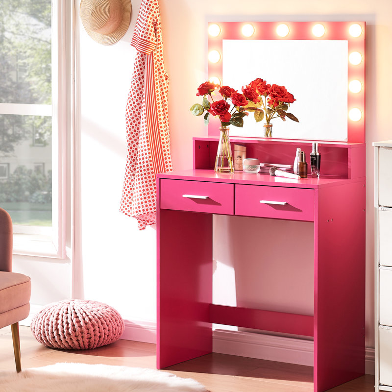 Bureau de meuble-lavabo rose avec 11 lumières de style ampoule, miroir, 2 tiroirs spacieux, 3 modes d'éclairage pour l'éclairage de la coiffeuse de chambre à coucher, configuration