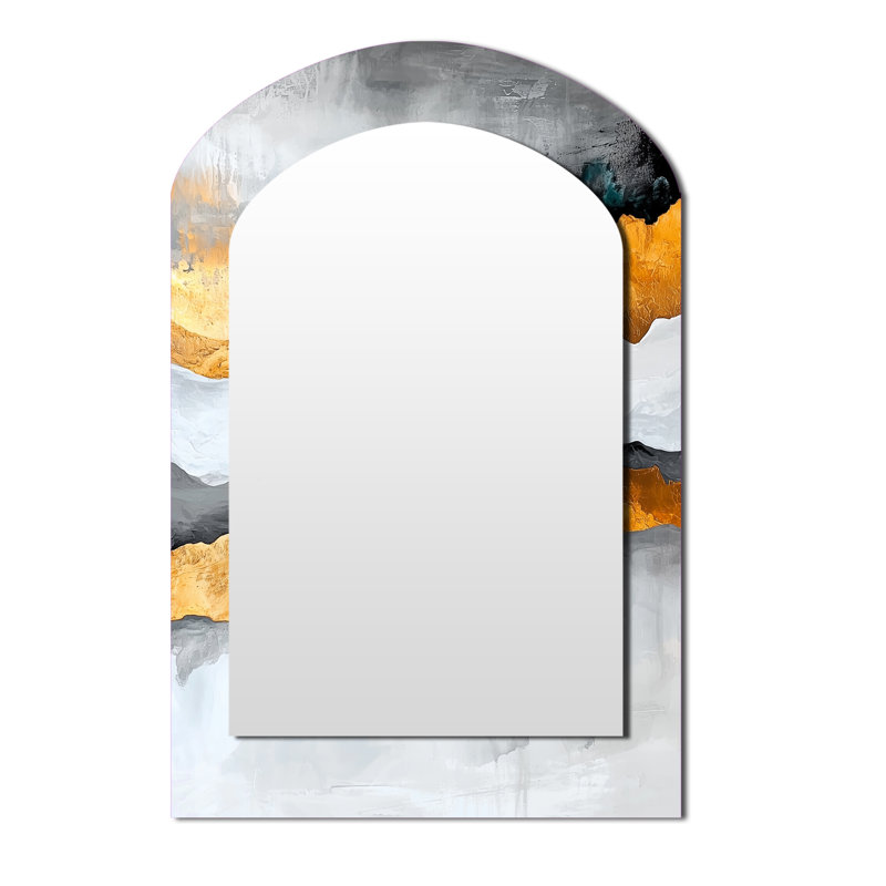 Contrasting Harmony Of Gray And Golden Marble II - Transitional Arch Large Mirror, Modern Asymmetrical Unique Wall Mirror Decor, Printed Metal Art