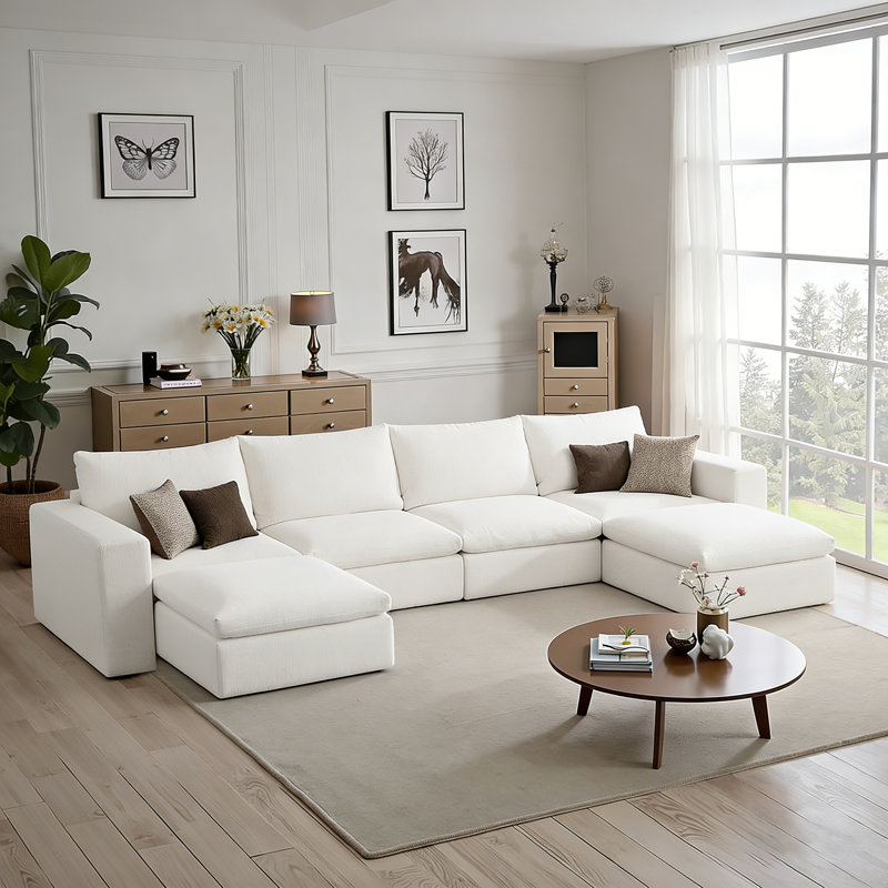 146.5" Cloud Modular Sectional Sofa, White Couch 4 Seater With 2 Ottoman, U Shaped Oversized Sleeper Sofa