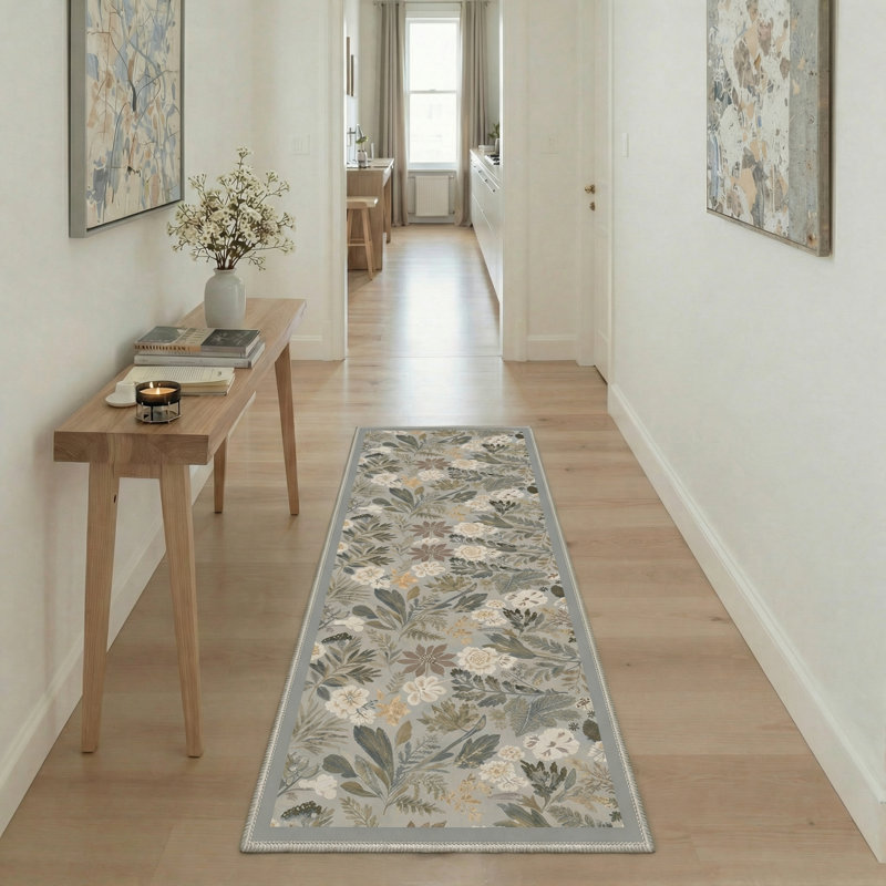 Tapis d'intérieur beige / vert lavable à la machine Acker Blossom, Tapis de couloir 2 pi 3 po x 6 pi