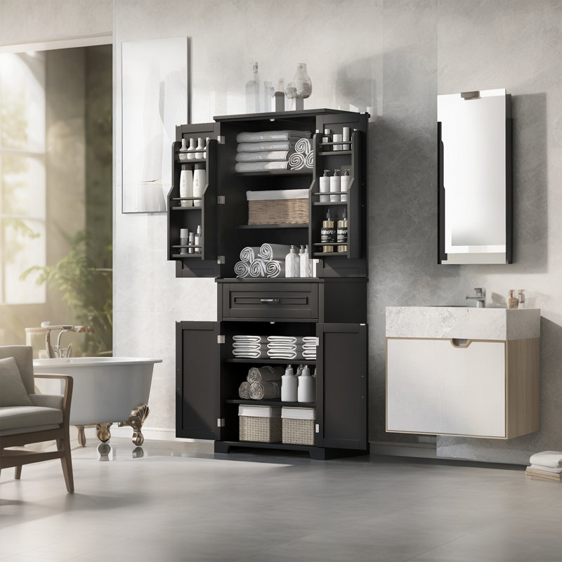 Multi-Functional Bathroom Storage With Drawers And Cabinets, Black