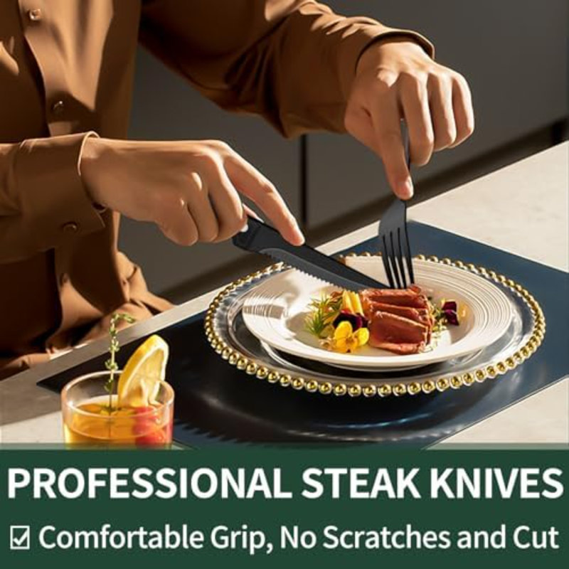 Ensemble 24 pièces de couverts 24 pièces avec couteaux à steak, ensemble de couverts noir pour 4 personnes, ensemble de couverts en acier inoxydable de qualité alimentaire, ensemble d'ustensiles à finition miroir pour restaurant maison, bord long