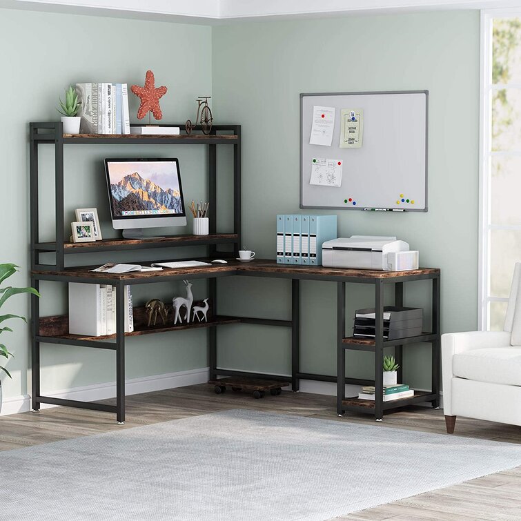 Reversible L-Shaped Desk, 67 Large Computer Writing Desk with Hutch