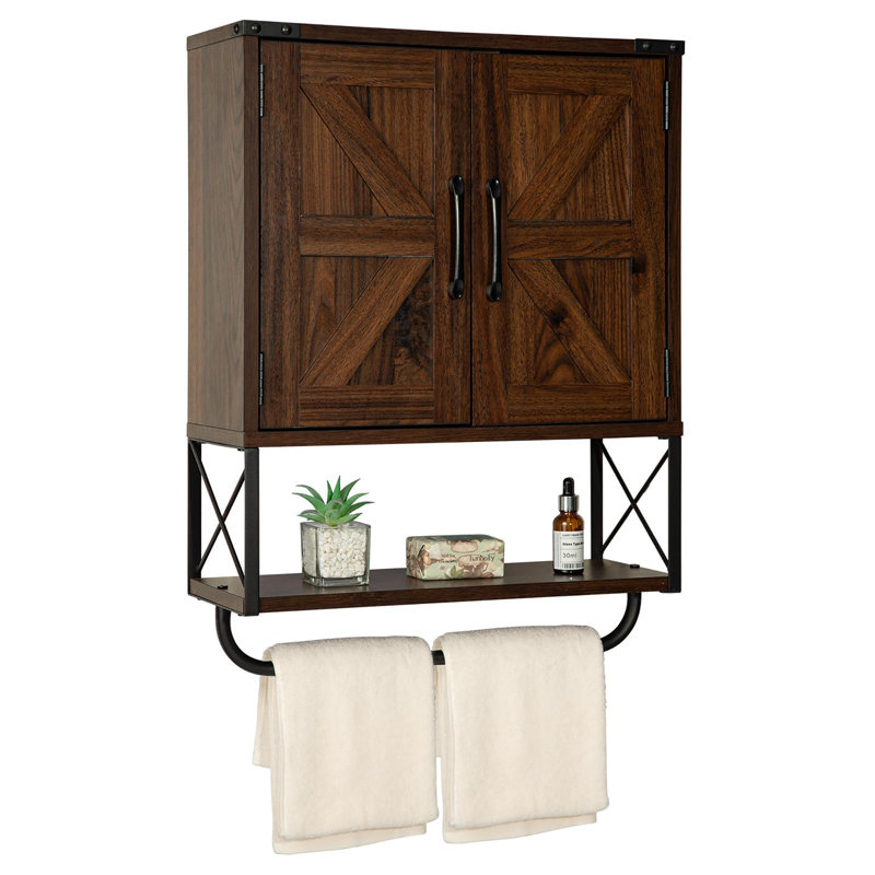 Wooden Wall Mounted Bathroom Cabinet with Adjustable Shelf and Towel Bar, Dark Walnut