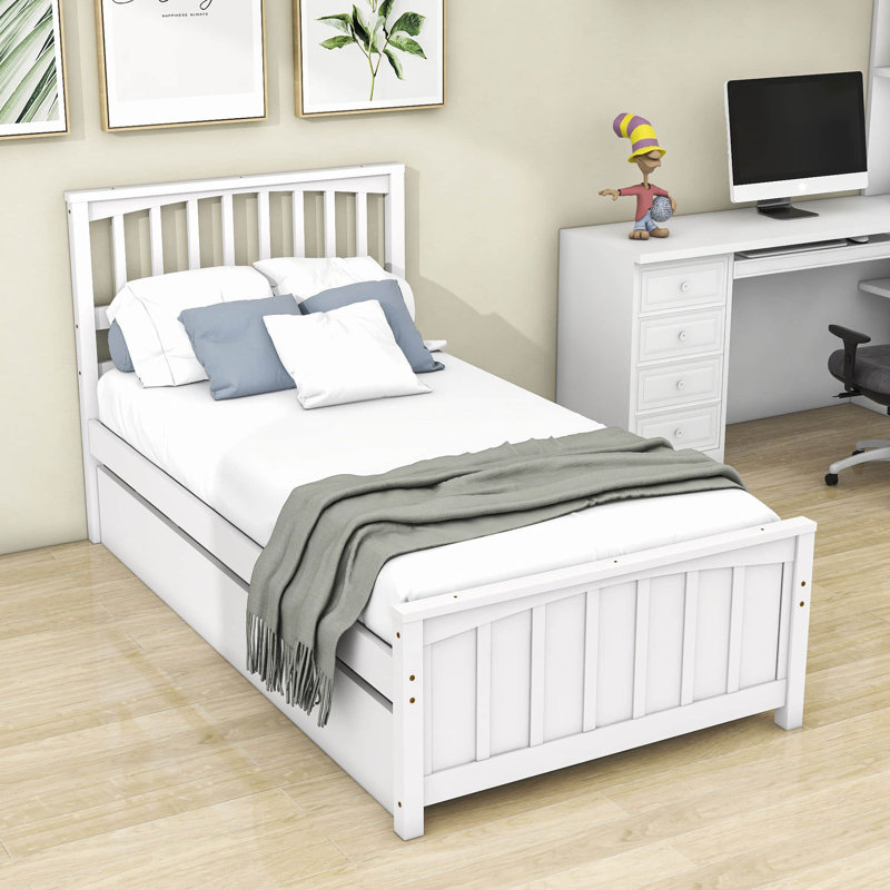 Twin Solid Wood Platform Bed with Trundle, White