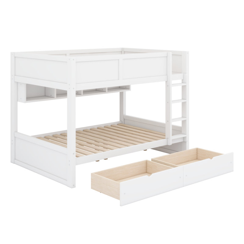 Multifunctional bunk bed system, equipped with storage shelves, under-bed drawers, and decorative LED lighting, White
