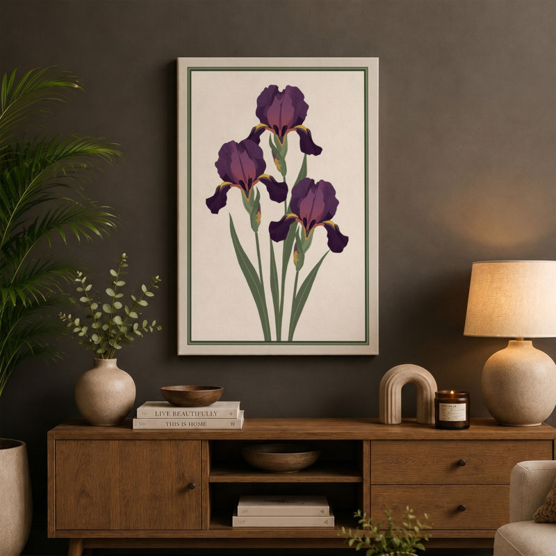 Irises in Violet Botanical - Wrapped Canvas, 24x16 - 61.0 x 40.6 cm, Black Border