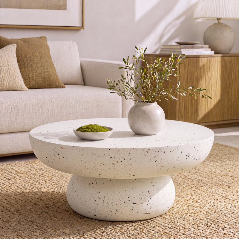 Rey Patio Round Magnesium Oxide Coffee Table, 34.45''Wx34.45''Dx15.35''H, Terrazzo White