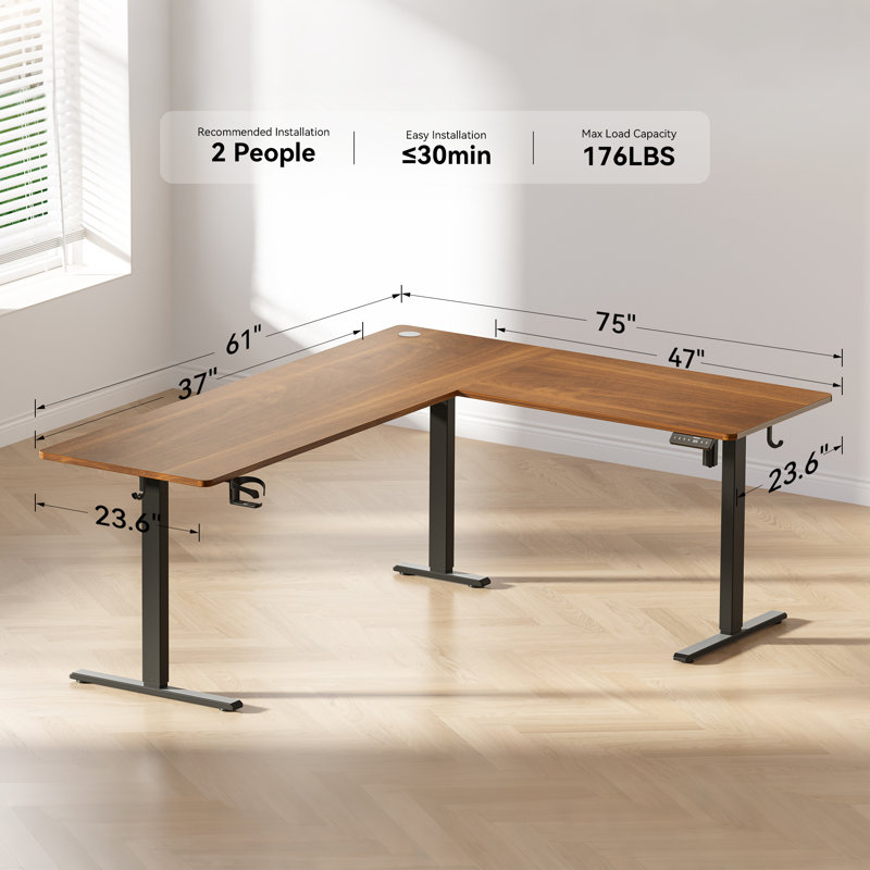 75" Reversible L Shaped Standing Desk, Height Adjustable with Cup Holder, Electric Corner Computer Workstation, Sit Stand up Home Office, Ergonomic Gaming, Black Walnut
