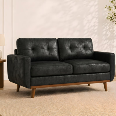 65" Mid-Century Modern Loveseat, Black Tufted 2-Seater Sofa, Tool-Free Assembly, Pet-Friendly Breathable Fabric, Solid Wood Legs for Small Apartment, Office, Reading