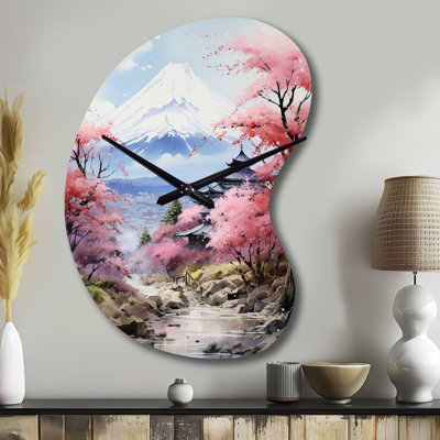 Asian Art Majestic Mont Fuji III - Asian Art Asymmetrical Metal Wall Clock, Pink Unique Shape Clock Print