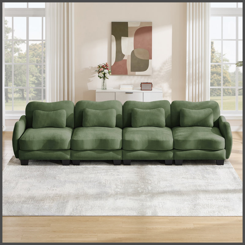 Canapé surdimensionné 4 places en chenille avec soutien lombaire, 4 coussins lombaires raffinés, design ergonomique incurvé, canapé modulaire facile à monter pour salon ou bureau, vert