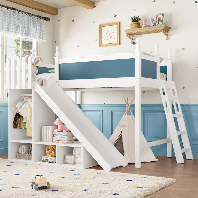 Queen Loft Bed with Storage Shelves and Wardrobe, Solid Wood Loft Beds with Detachable Slide and Ladders, No Spring Box Needed,Blue and White