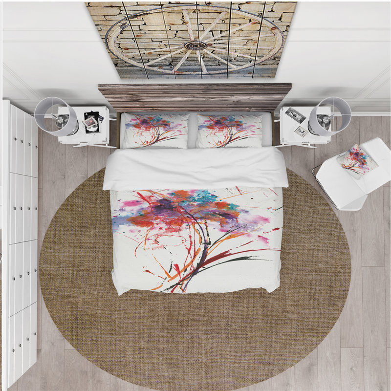 Ensemble de housse de couette fleurs abstraites peintes à la main, Housse de couette très grand + 2 taies décoratives