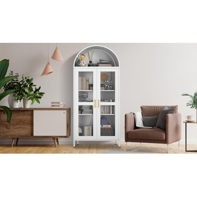 Armoire de rangement 73 po moderne en métal avec portes vitrées, garde-manger autoportant avec 2 tablettes réglables et serrure pour le salon, noir