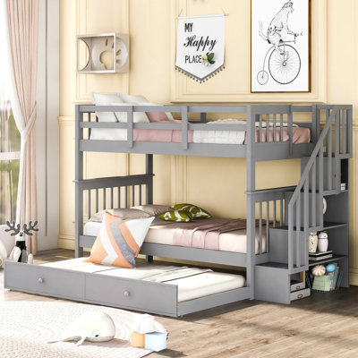 Stairway Bunk Bed with Twin Trundle, Storage, and Guardrails for Bedroom, Dorm