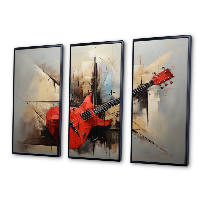 Rustique rouge balalaïka harmonies - musique, art mural, H 28 po x l 36 po, Cadre flottant noir