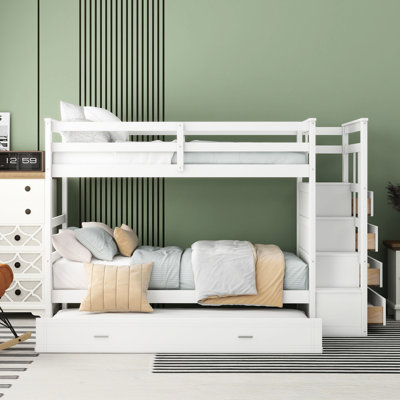 White Twin Over Bunk Bed With Trundle And Construction Features - Create A Cozy Bedroom Ambience Solid Wood Storage Enhance Decor