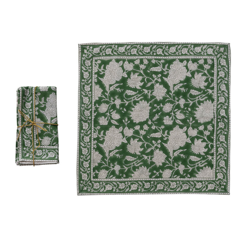 Serviettes en coton avec imprimé floral, Vert/blanc