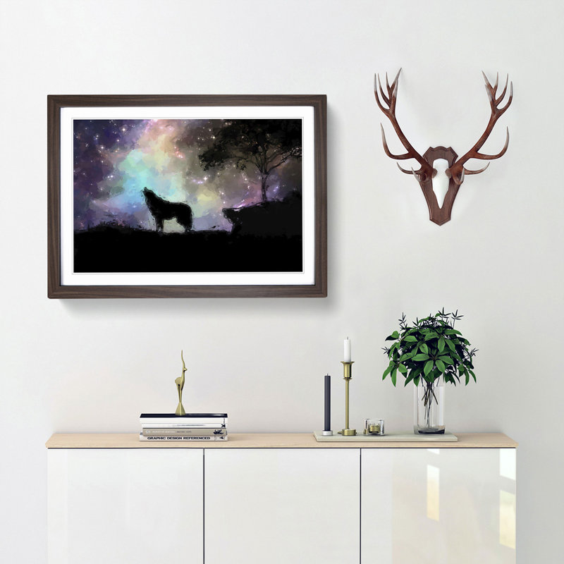 Howling Wolf with a Galaxy Forest in Abstract - Picture Frame Painting Print, Walnut Framed, 27cm H x 36cm W x 2cm D