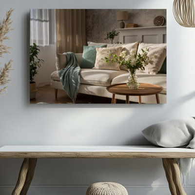 Toile d'une confortable scène de salon avec un canapé blanc moelleux orné de coussins texturés doux dans des tons de beige et pour l'art mural sur toile