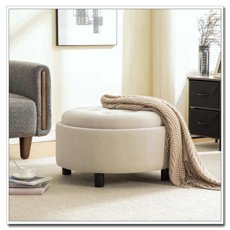 29.33"W Upholstered Round Ottoman, Beige