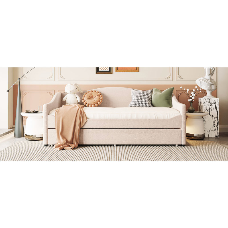 Lit de jour simple avec couchette amovible et rembourrage en molleton beige, Beige, Lit simple