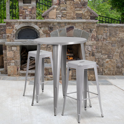 Gyala Round Metal Indoor-Outdoor Bar Table Set with 2 Square Seat Backless Stools