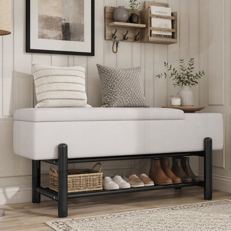 Banc de rangement rembourré Farmhouse avec compartiment caché, banc d'entrée moderne pour le salon, le vestibule et les couloirs