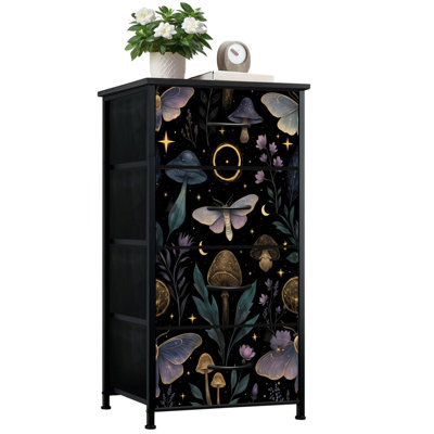 Dresser for Bedroom with 4 Storage Drawers Mystical Moth Mushroom Botanical Stars Floral Elements Dressers Chest of Drawers Steel Framed Fabric Closet Organizers for Nursery Kids Dorm Entryway