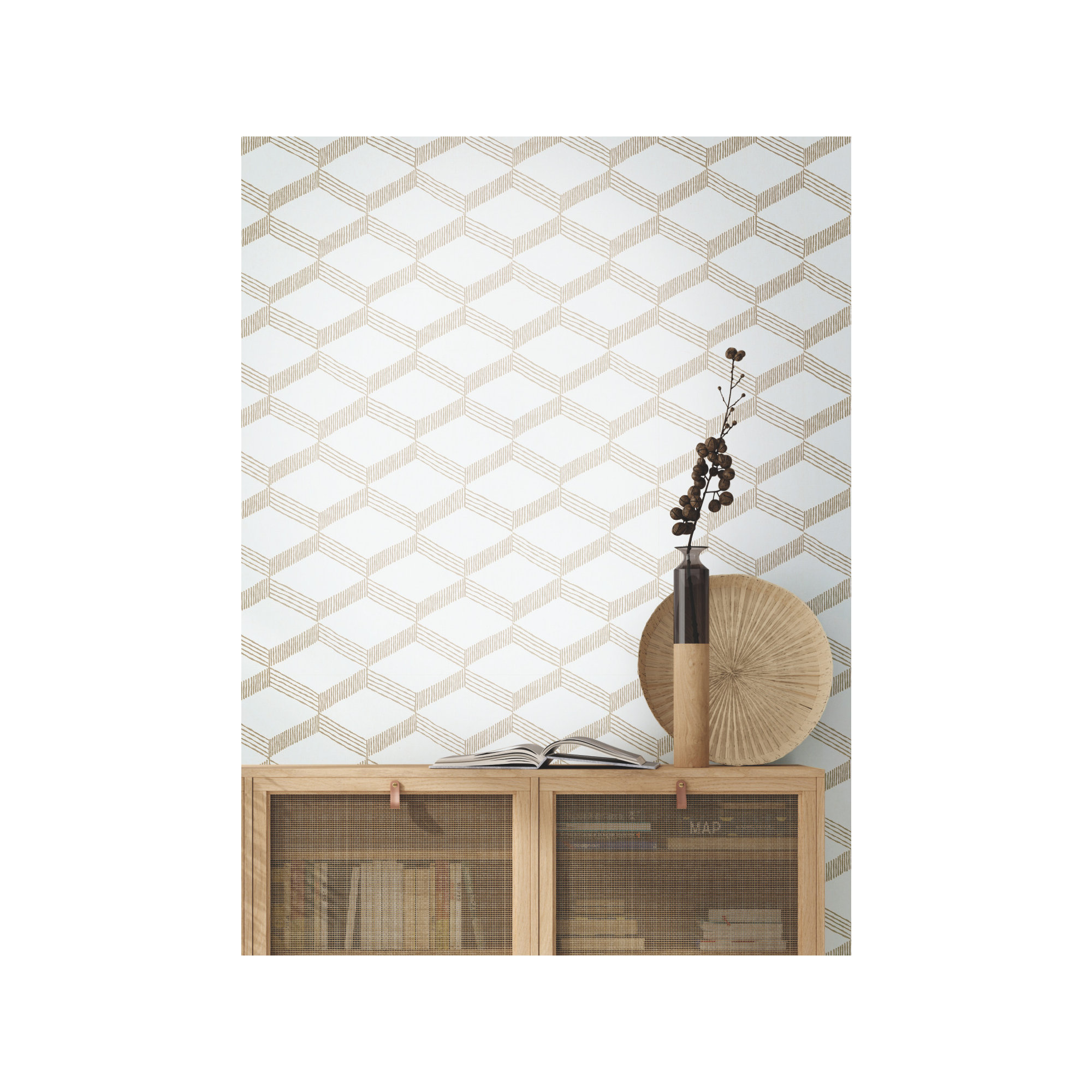 Aislin Mid-Century Geometric Wallpaper, Beige/White